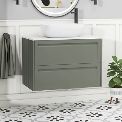 Royal Bathrooms Royal Bathroom Elmore 800mm Matt Green Wall Mounted Bathroom Vanity Unit 2 Drawer Plain White Worktop With Elva Basin - image 1