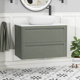 Royal Bathrooms Royal Bathroom Elmore 800mm Matt Green Wall Mounted Bathroom Vanity Unit 2 Drawer Plain White Worktop With Elva Basin - thumbnail 1