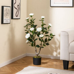 Costway 90Cm Artificial Camellia Tree Faux Flower Plant In Nursery Pot-White - thumbnail 4