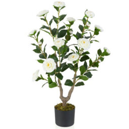 Costway 90Cm Artificial Camellia Tree Faux Flower Plant In Nursery Pot-White - thumbnail 1