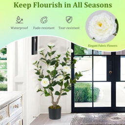 Costway 90Cm Artificial Camellia Tree Faux Flower Plant In Nursery Pot-White - thumbnail 8
