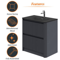 Plum&clay Isla Ribbed Fluted Grey 2 Drawer Freestanding Bathroom Vanity Unit & Black Basin Set (W)800mm - thumbnail 6