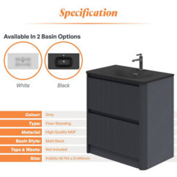 Plum&clay Isla Ribbed Fluted Grey 2 Drawer Freestanding Bathroom Vanity Unit & Black Basin Set (W)800mm - thumbnail 5