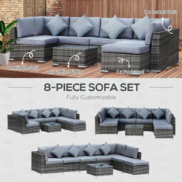 Outsunny 8Pc Rattan Sofa Garden Furniture Aluminium Outdoor Patio Set Grey - thumbnail 6
