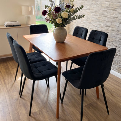 Doubs Dining Table And 6 Black Velvet Chairs Set And Walnut Effect Table - image 1