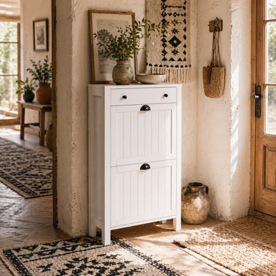 Wyld Haus Sora White Slim Shoe Cabinet With 2 Flip Drawers And Top Drawer, 60W X 24D X 97H Cm - image 1