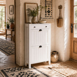 Wyld Haus Sora White Slim Shoe Cabinet With 2 Flip Drawers And Top Drawer, 60W X 24D X 97H Cm - thumbnail 1