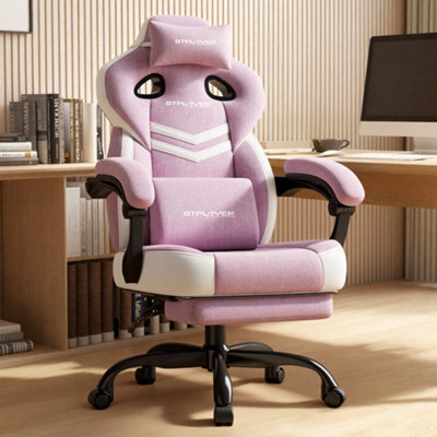 Luckracer Fabric Gaming Chair With Footrest, Ergonomic Computer Desk Chair With Pocket Spring Cushion Home Office Chair, Pink - image 1