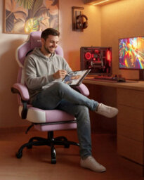 Luckracer Fabric Gaming Chair With Footrest, Ergonomic Computer Desk Chair With Pocket Spring Cushion Home Office Chair, Pink - thumbnail 2