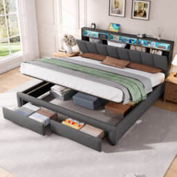 Abrihome 6Ft Super King Upholstered Bed Frame With Hydraulic And Drawers Storage, Led Adjustable Headboard Linen, Grey (No Mattress) - thumbnail 1