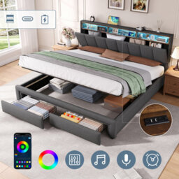 Abrihome 6Ft Super King Upholstered Bed Frame With Hydraulic And Drawers Storage, Led Adjustable Headboard Linen, Grey (No Mattress) - thumbnail 5
