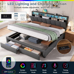 Abrihome 6Ft Super King Upholstered Bed Frame With Hydraulic And Drawers Storage, Led Adjustable Headboard Linen, Grey (No Mattress) - thumbnail 4