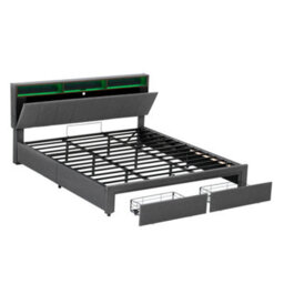 Abrihome 6Ft Super King Upholstered Bed Frame With Hydraulic And Drawers Storage, Led Adjustable Headboard Linen, Grey (No Mattress) - thumbnail 7