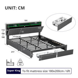 Abrihome 6Ft Super King Upholstered Bed Frame With Hydraulic And Drawers Storage, Led Adjustable Headboard Linen, Grey (No Mattress) - thumbnail 6