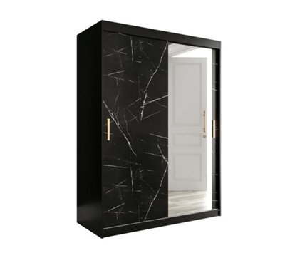 Arte Elegant Black Geneva T2 Sliding Door Wardrobe W1500mm H2000mm D620mm - Mirrored Door, Gold Handles, Ample Storage - image 1