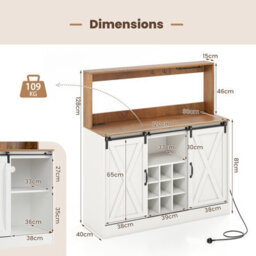 Costway Coffee Bar Cabinet W/ Charging Station 120Cm Wine Cabinet Removable Wine Rack - thumbnail 2