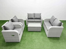 Fimous 6 Seater Outdoor Reclining Chair Love Sofa Set Rattan Garden Furniture Set Rectangular Coffee Table Light Grey - thumbnail 1