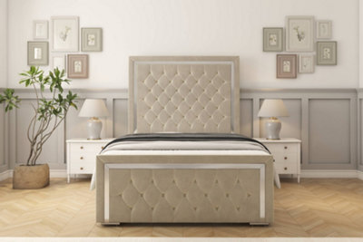 "Sloomy Sofia Chrome Cream Plush Bed Frame With 50"" Upholstered Headboard 3' Single" - image 1