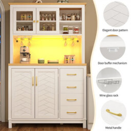 Abrihome Sideboard, Storage Cabinet, Kitchen Cabinet, Buffet Cabinet, Farmhouse Style, 4 Doors, With Led Light Strip & Drink Holders, White - thumbnail 2