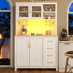 Abrihome Sideboard, Storage Cabinet, Kitchen Cabinet, Buffet Cabinet, Farmhouse Style, 4 Doors, With Led Light Strip & Drink Holders, White - thumbnail 1