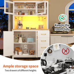 Abrihome Sideboard, Storage Cabinet, Kitchen Cabinet, Buffet Cabinet, Farmhouse Style, 4 Doors, With Led Light Strip & Drink Holders, White - thumbnail 4