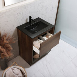 Homestylestore Dark Oak 612mm Bathroom Vanity Unit Open Shelf And Graphite Basin - thumbnail 2