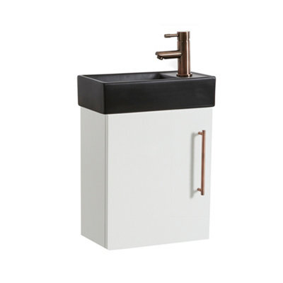 Homestylestore 400mm White Wall Hung Bathroom Vanity Unit Black Basin And Aged Bronze T Bar Handle - image 1
