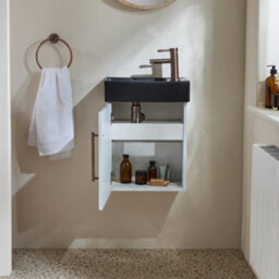 Homestylestore 400mm White Wall Hung Bathroom Vanity Unit Black Basin And Aged Bronze T Bar Handle - thumbnail 2