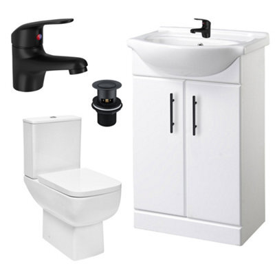 FNX Bathrooms Bubly Bathrooms™ 550mm Gloss White Vanity Unit & Ceramic Basin, Square Close Coupled Wc & Matt Black Tap Set - image 1