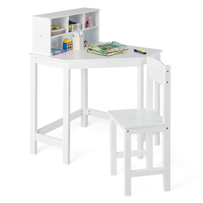 Costway Kids Corner Desk & Chair Set Children Study Table Set With Hutch - image 1