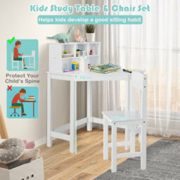 Costway Kids Corner Desk & Chair Set Children Study Table Set With Hutch - thumbnail 3