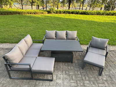 Fimous Garden Aluminium Furniture Set 9 Seater Adjustable Rising Lifting Dining Table With 2 Big Footstools Dark Grey - image 1