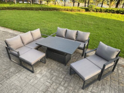 Fimous Garden Aluminium Furniture Set 9 Seater Adjustable Rising Lifting Dining Table With 2 Big Footstools Dark Grey - thumbnail 2