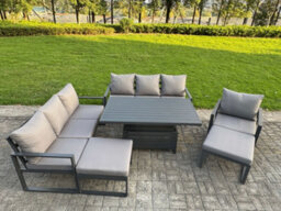 Fimous Garden Aluminium Furniture Set 9 Seater Adjustable Rising Lifting Dining Table With 2 Big Footstools Dark Grey - thumbnail 1