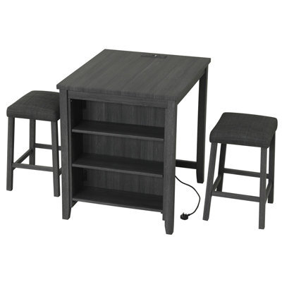 Costway Set Of 3 Bar Table With Power Outlet 2 Upholstered Stools And Adjustable Shelves-Black