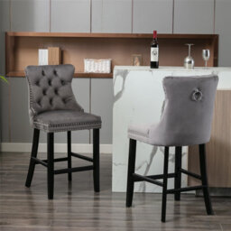 HomeTouch Set Of 6 Velvet Upholstered Bar Stools Kitchen Breakfast Barstools With Wooden Legs Bar Chairs For Counter Grey - thumbnail 1