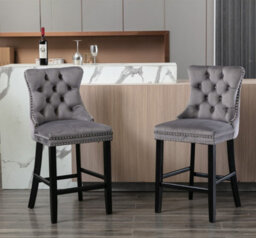 HomeTouch Set Of 6 Velvet Upholstered Bar Stools Kitchen Breakfast Barstools With Wooden Legs Bar Chairs For Counter Grey - thumbnail 2