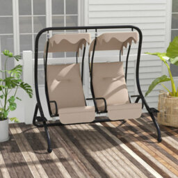 Outsunny Canopy Swing 2 Separate Relax Chairs W/ Handrails, Cup Holders Beige - thumbnail 1