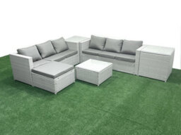 Fimous Rattan Garden Outdoor Furniture Set 7 Seater Rattan Garden Sofa Set Big Stool 2 Side Tables Light Grey - thumbnail 2
