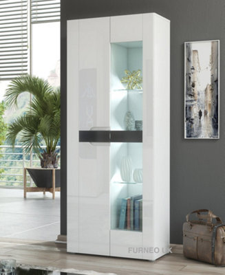 Furneo White 2-Door Display Cabinet Cupboard Matt & High Gloss Milano 08 White Led Lights - image 1