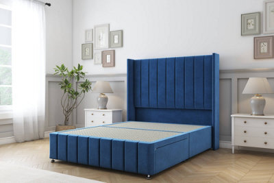"Sloomy Melbourne Navy Plush Divan Bed Base No Drawers - 54"" Wingback Headboard & 12"" Footboard 3' Single" - image 1