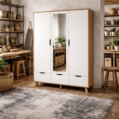 Wyld Haus Lira Jackson 3-Door Wardrobe With Mirror, Hickory Oak And White, 2 Drawers - image 1