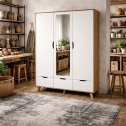 Wyld Haus Lira Jackson 3-Door Wardrobe With Mirror, Hickory Oak And White, 2 Drawers - thumbnail 1
