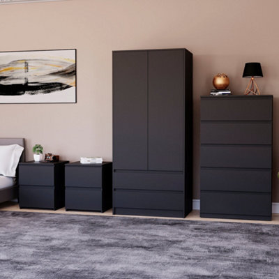 Lassic Vida Designs Denver 4 Piece Bedroom Set - (2 Drawer Large Bedside Chest X2, 5 Drawer Chest, 2 Door 2 Drawer Wardrobe), Black - image 1