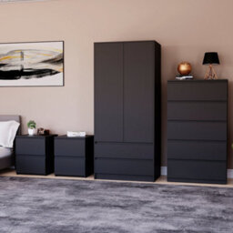 Lassic Vida Designs Denver 4 Piece Bedroom Set - (2 Drawer Large Bedside Chest X2, 5 Drawer Chest, 2 Door 2 Drawer Wardrobe), Black