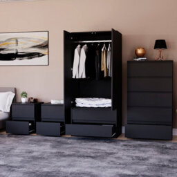 Lassic Vida Designs Denver 4 Piece Bedroom Set - (2 Drawer Large Bedside Chest X2, 5 Drawer Chest, 2 Door 2 Drawer Wardrobe), Black - thumbnail 2
