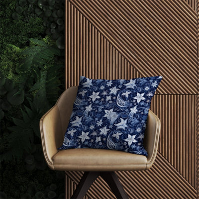 Warren Reed Designer Paisley Christmas Stars Blue Outdoor Cushion 60Cm X 60Cm