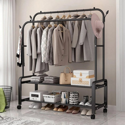 Mobile Double Clothes Rail Garment Display Rack W/ 2Tier Storage Shelf & Hooks - image 1