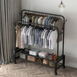 Mobile Double Clothes Rail Garment Display Rack W/ 2Tier Storage Shelf & Hooks - thumbnail 3