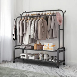 Mobile Double Clothes Rail Garment Display Rack W/ 2Tier Storage Shelf & Hooks - thumbnail 4